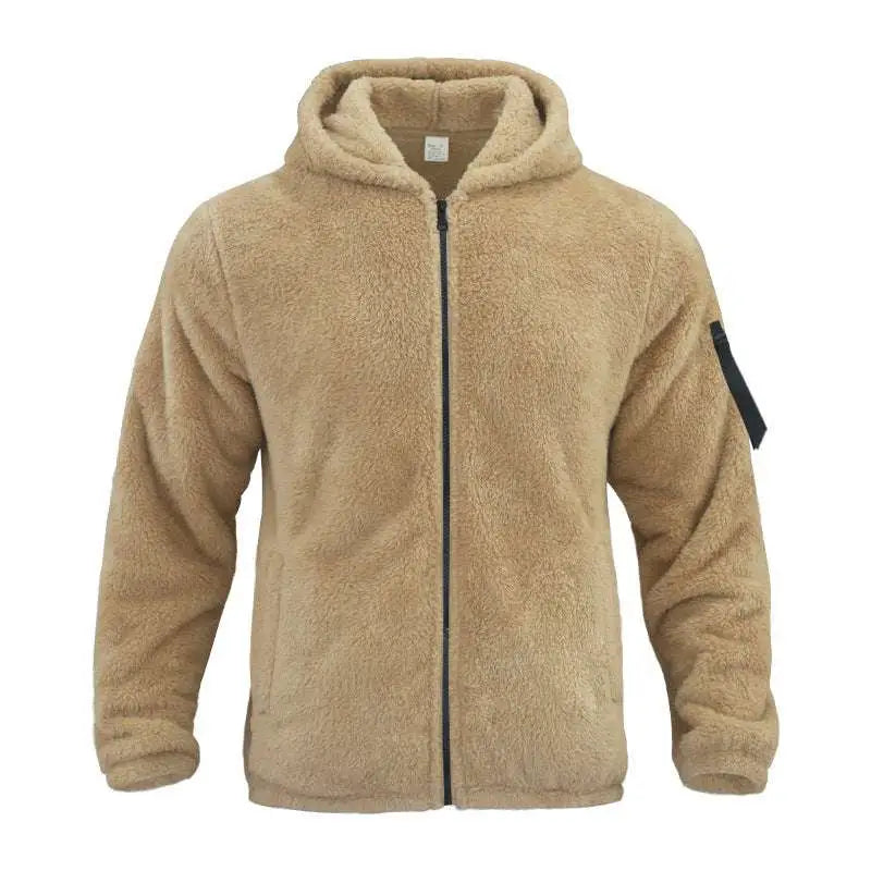 Navy plush hooded jacket with tan fleece, black zipper, and dark sleeve patch for loose casual wear