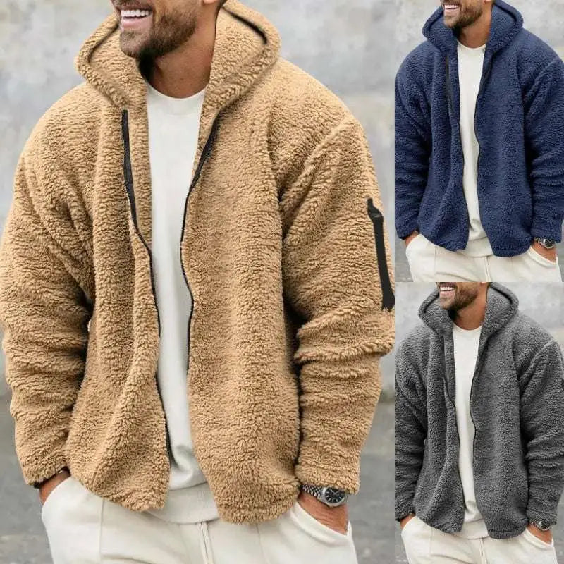 Tan plush hooded jacket with black zipper and sleeve patch shown with navy blue and gray color options