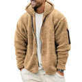 Tan fleece plush hooded jacket with black zipper and sleeve patch in a navy plush hooded loose casual coat style
