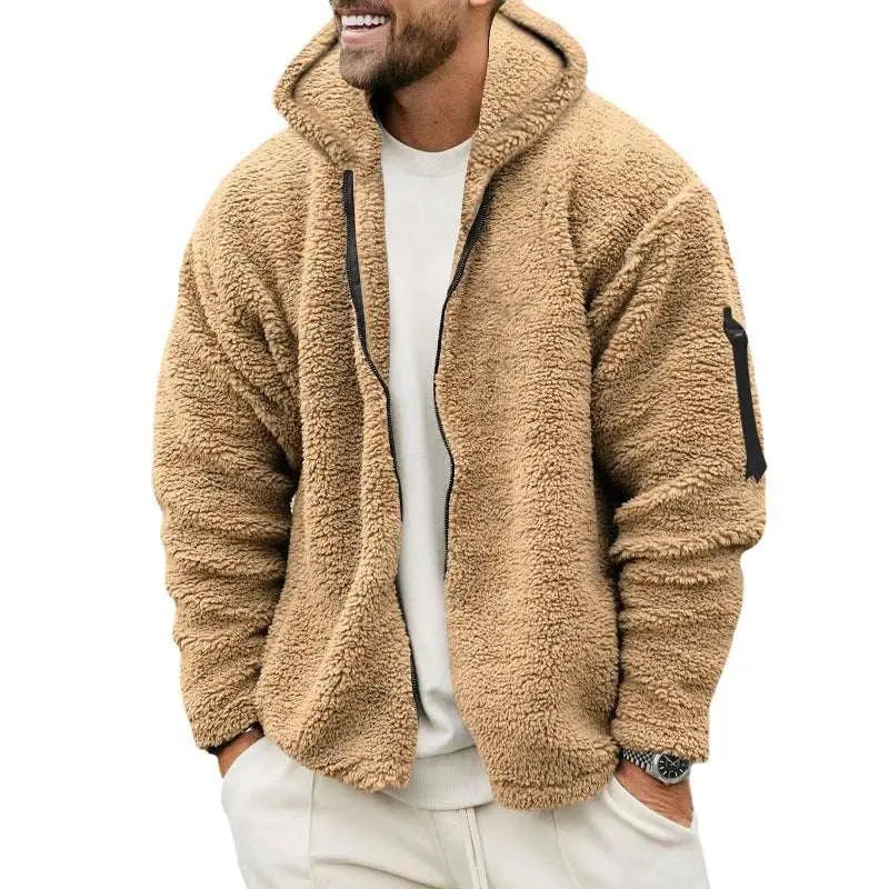 Tan fleece plush hooded jacket with black zipper and sleeve patch in a navy plush hooded loose casual coat style