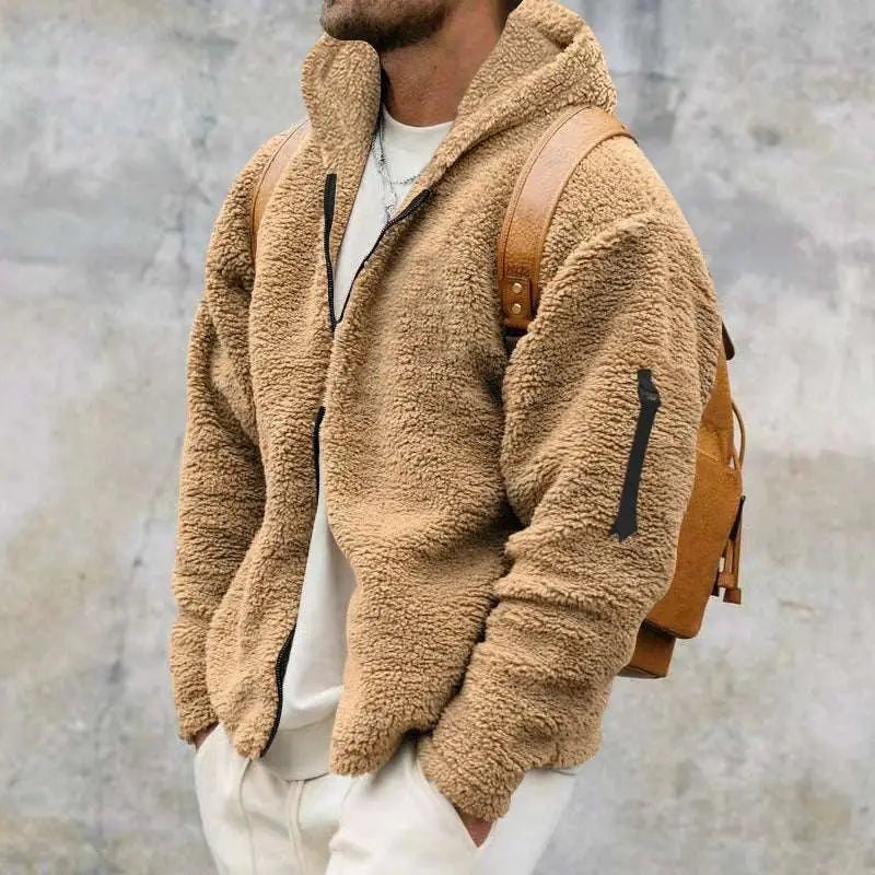 Tan fleece-lined hooded jacket with black zipper accents featured as a navy plush hooded jacket casual coat