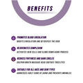 Purple and white text lists benefits of a neck and face led device for improving blood circulation reducing neck wrinkles and double chin