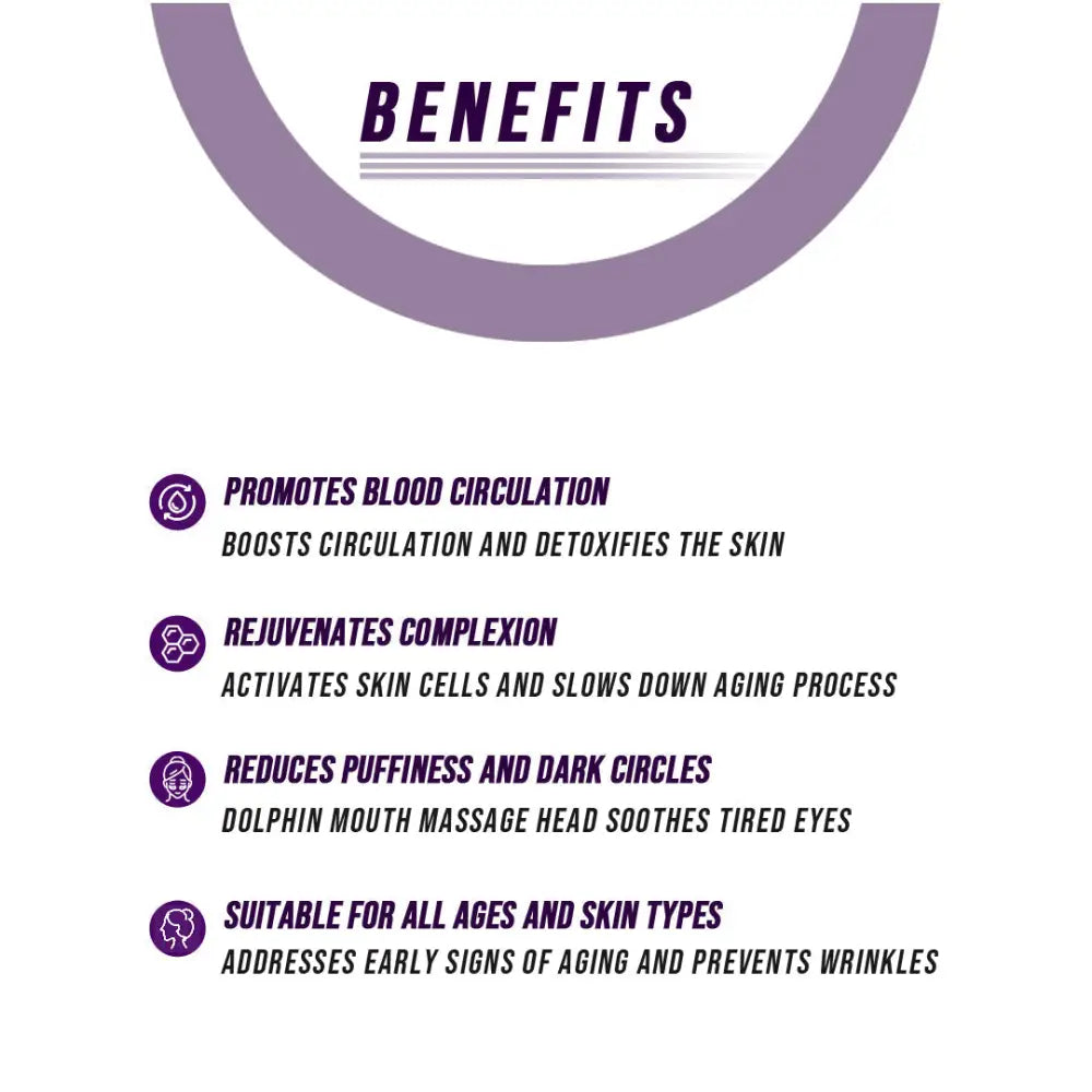 Purple and white text lists benefits of a neck and face led device for improving blood circulation reducing neck wrinkles and double chin