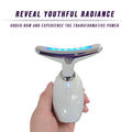 White and silver face led device with blue led lights designed for improving neck wrinkles and reducing double chin
