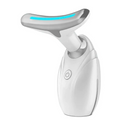 White and silver face led device with glowing blue light strip designed to reduce double chin and neck wrinkles
