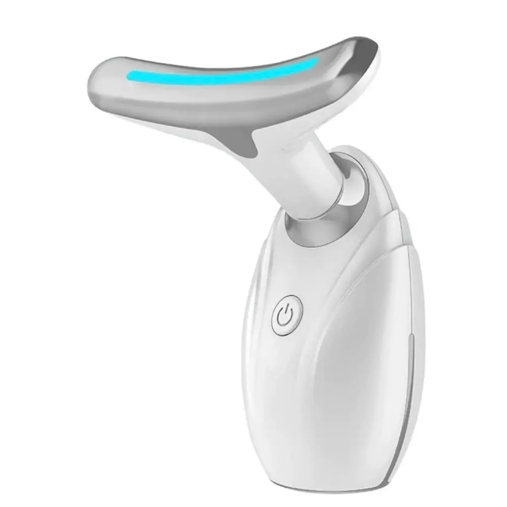 White and silver face led device with glowing blue light strip designed to reduce double chin and neck wrinkles