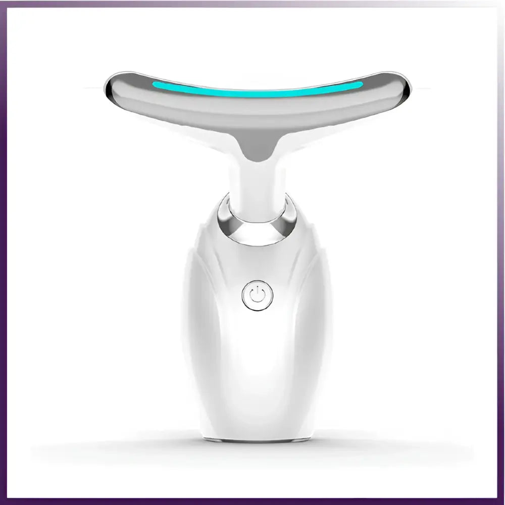 White and silver face led device with glowing blue light strip for reducing double chin and neck wrinkles