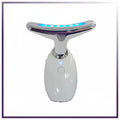 White and silver neck and face led device with curved blue led strip for reducing double chin and neck wrinkles