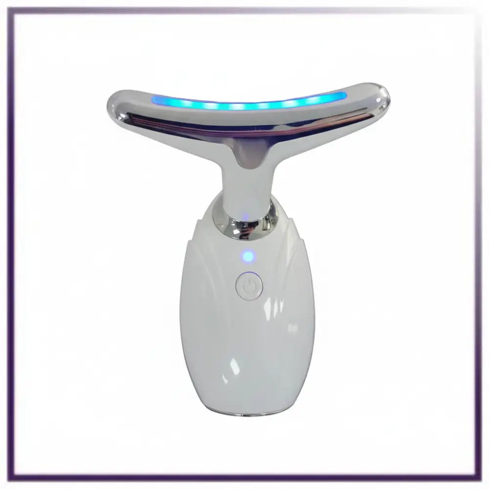 White and silver neck and face led device with curved blue led strip for reducing double chin and neck wrinkles