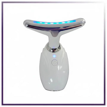 White and silver neck and face led device with curved blue led strip for reducing double chin and neck wrinkles