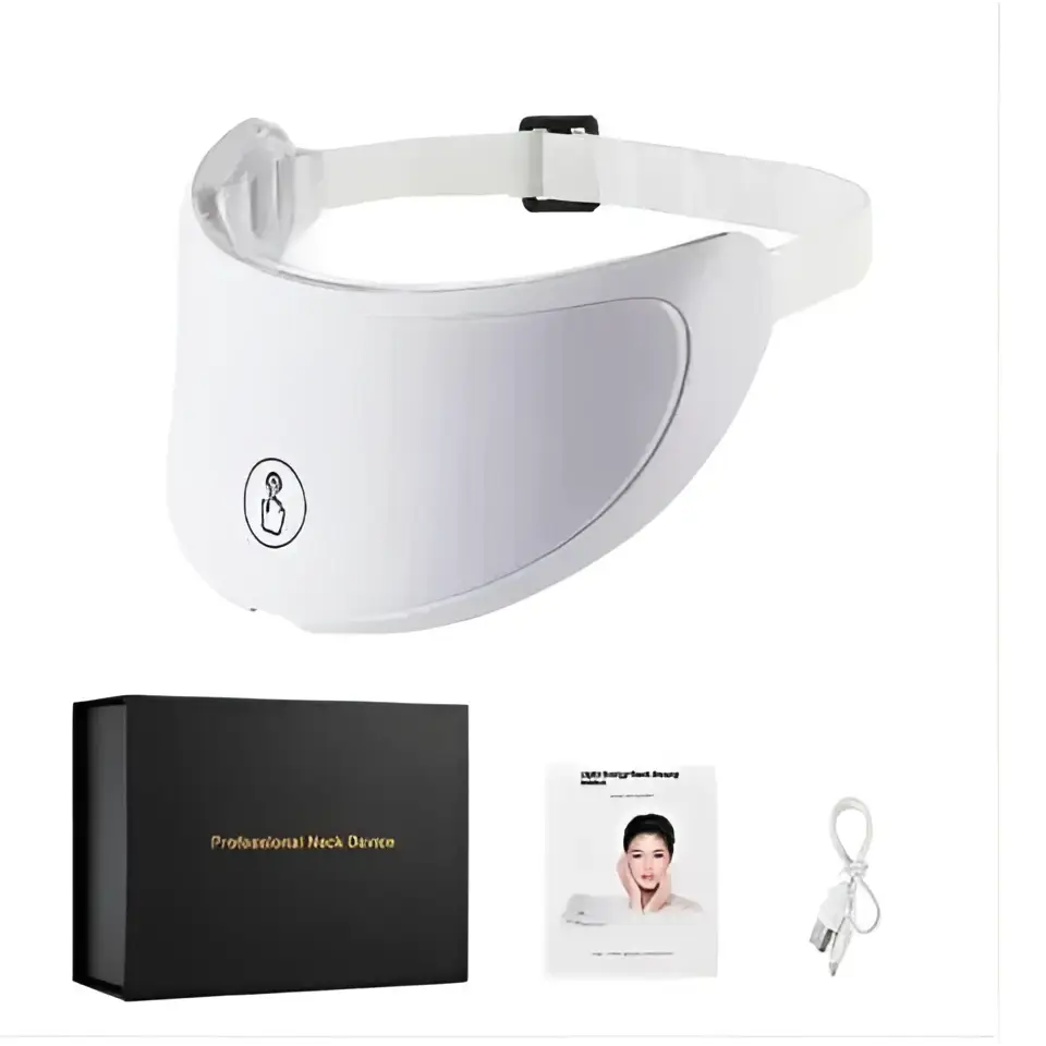 White plastic neck anti-wrinkle mask massager with sleek curved design and adjustable strap for luxury women’s fashion use
