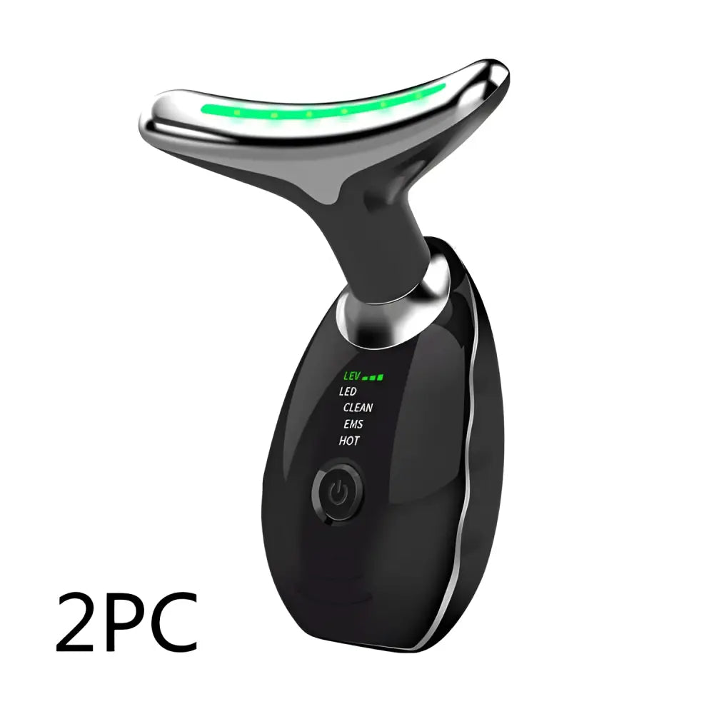 Black and silver neck face beauty device led wrinkle remover with glowing green led strip along its curved top