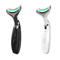 Two sleek black and white beauty device led facial wrinkle removers with curved metallic heads and glowing green led lights