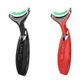 Black and red neck face beauty device led wrinkle remover with silver accents and green led lights along curved tip