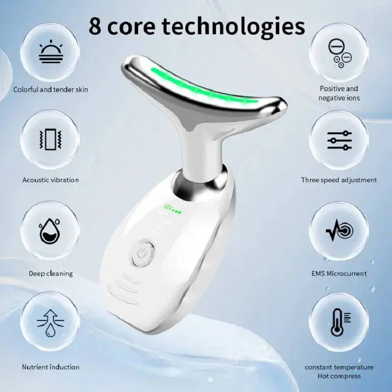 Silver and white neck face beauty device led wrinkle remover with sleek ergonomic design and green led lighting