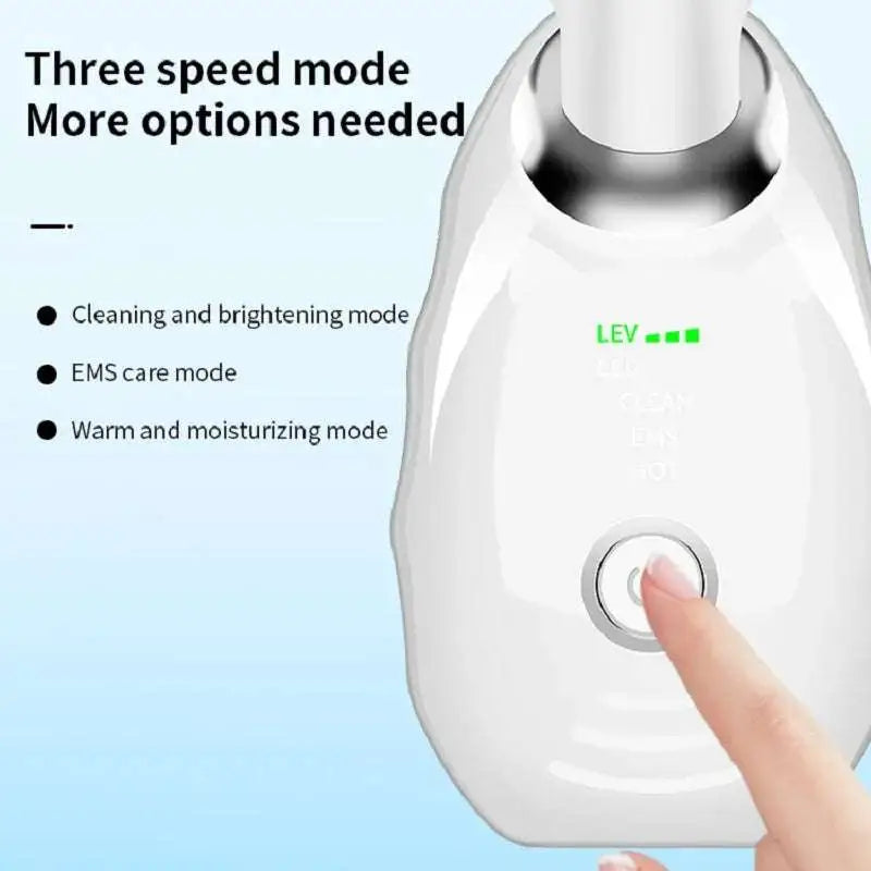 White plastic neck face beauty device led wrinkle remover with silver metallic accent and circular power button