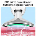 Silver-toned ems beauty device led wrinkle remover with sleek curved design and glowing green led strip underside