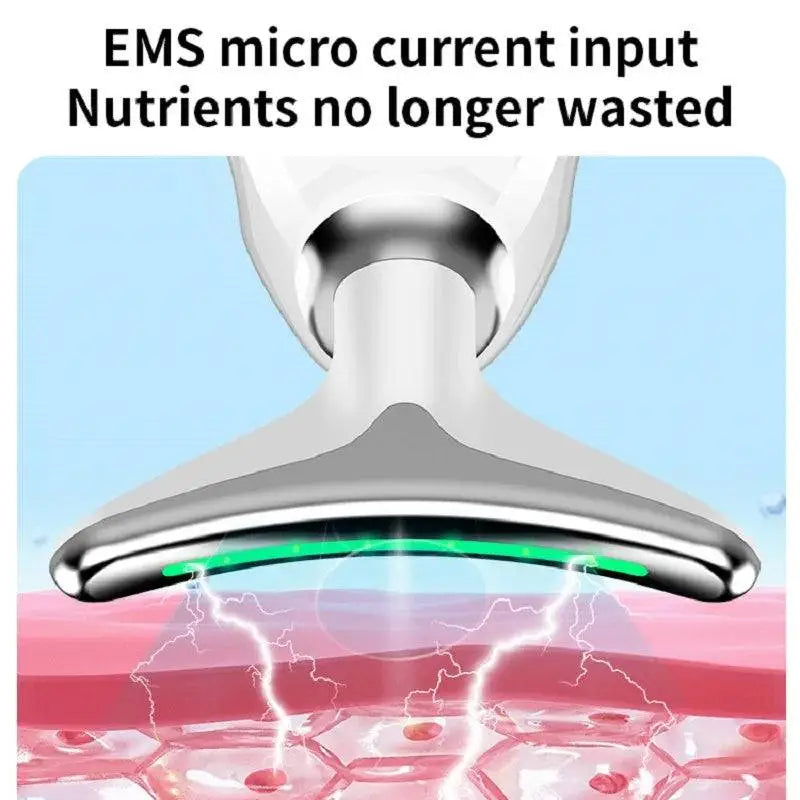 Silver-toned ems beauty device led wrinkle remover with sleek curved design and glowing green led strip underside