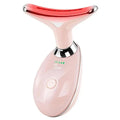 Pink and silver neck face beauty device led wrinkle remover with a curved red led light bar for facial massage
