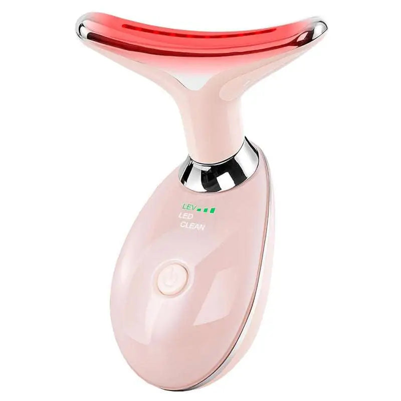 Pink and silver neck face beauty device led wrinkle remover with a curved red led light bar for facial massage