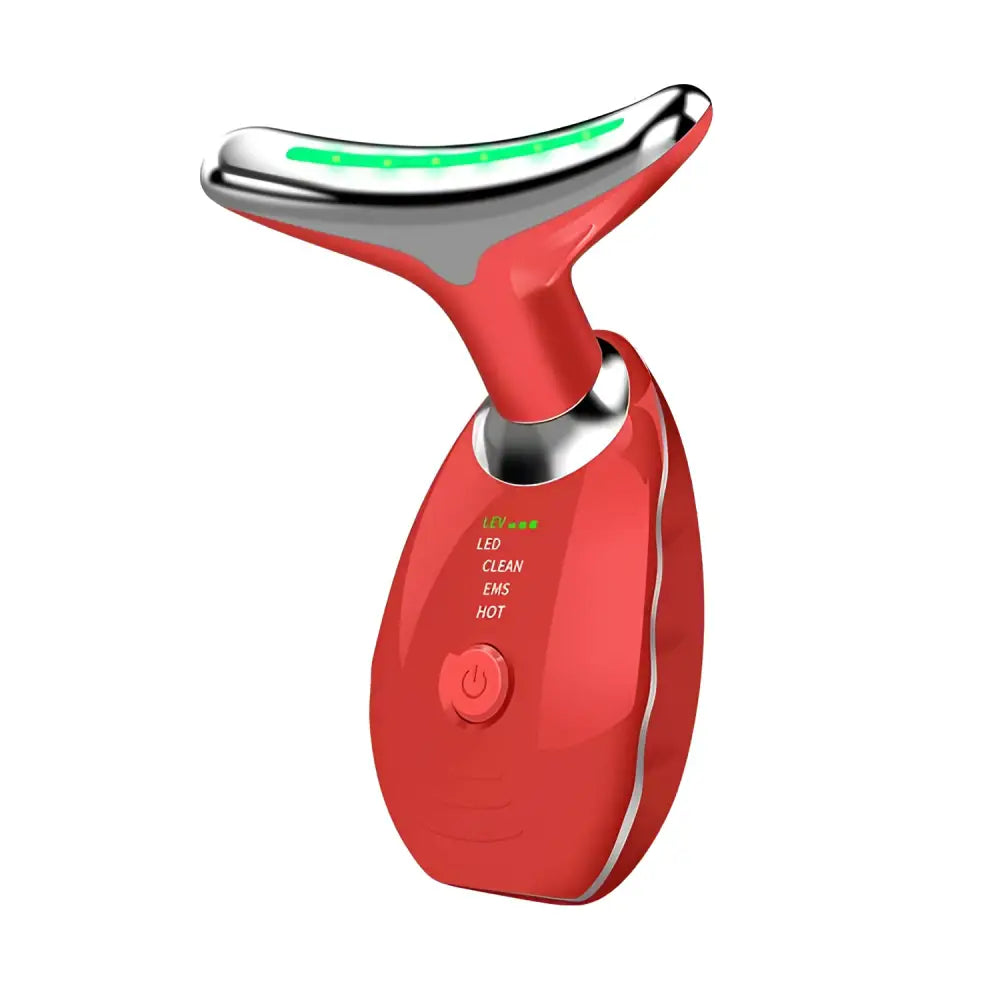 Red and silver neck face beauty device led wrinkle remover with curved metallic head and green led lights for facial slimming