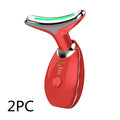 Neck face beauty device led wrinkle remover in red and silver with green led lights on curved facial slimming head