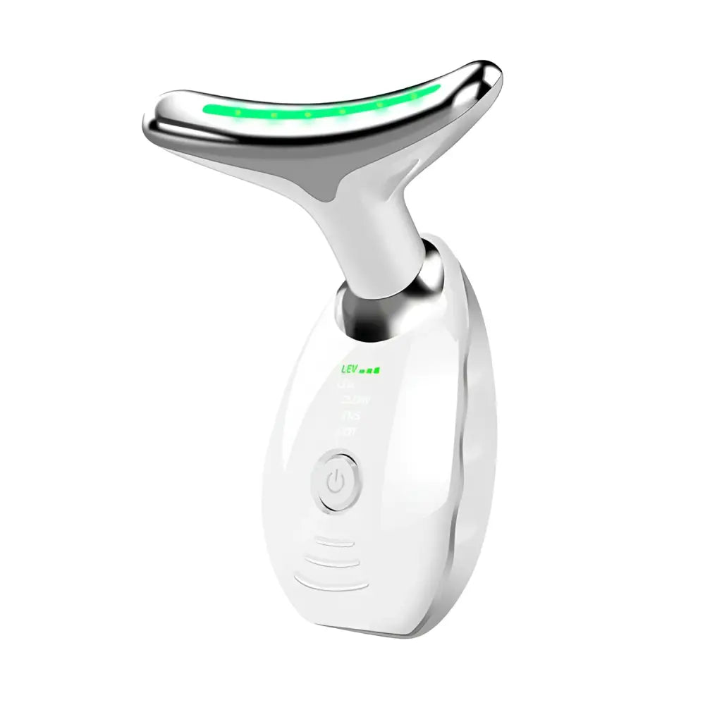 Silver and white neck face beauty device led wrinkle remover with curved green glowing led strip for facial slimming