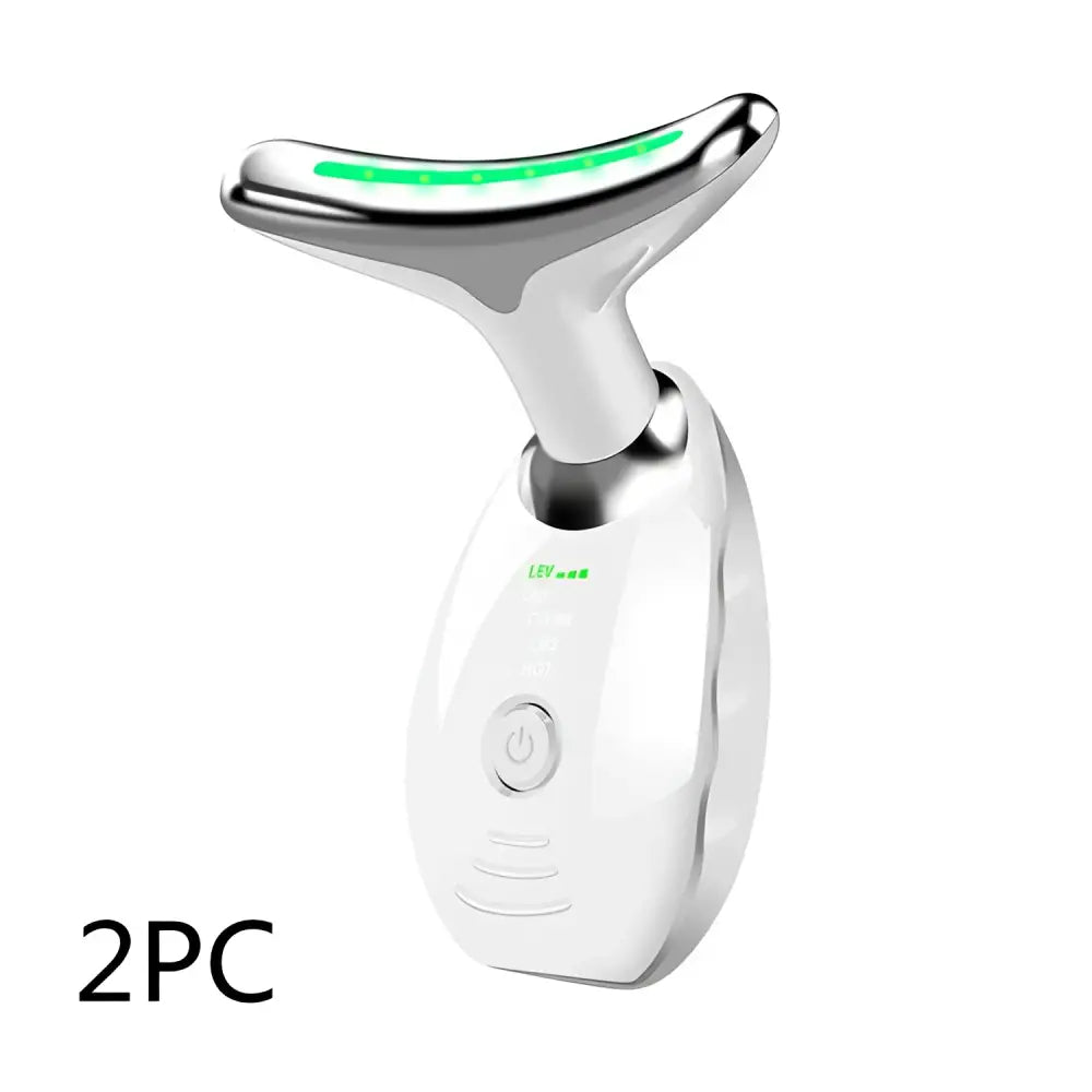Silver and white neck face beauty device led wrinkle remover with curved glowing green led strip for facial slimming
