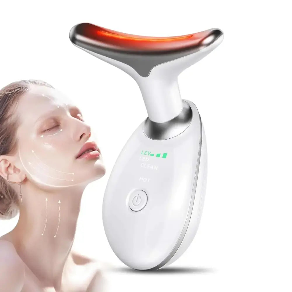 White and silver neck facial massager with led vibration featuring a glowing red led strip on the curved head