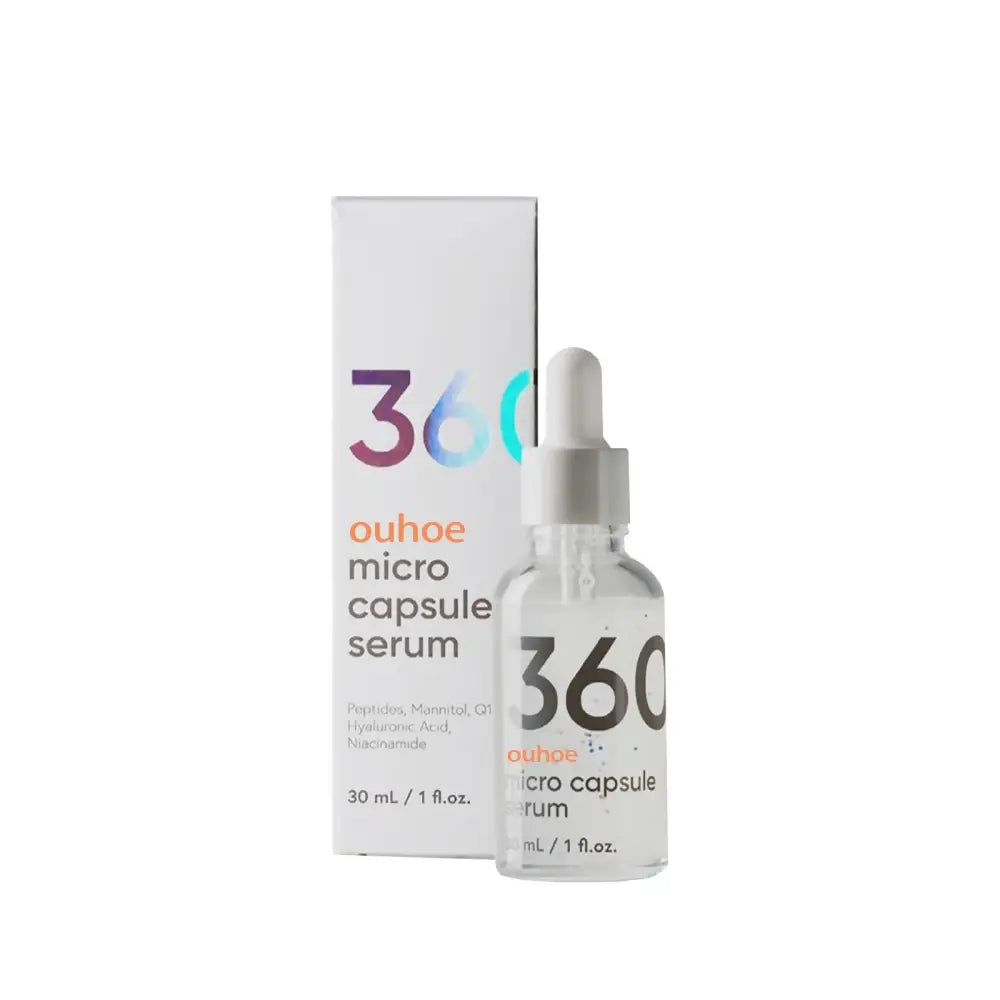 Clear glass bottle of ouheo neck firming anti-wrinkle whitening serum 30ml with white dropper cap and minimalist label