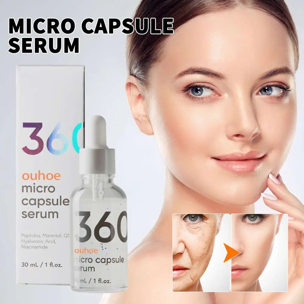 Clear glass bottle with white dropper cap labeled 360 containing ouhoe micro capsule neck firming anti-wrinkle whitening serum 30ml