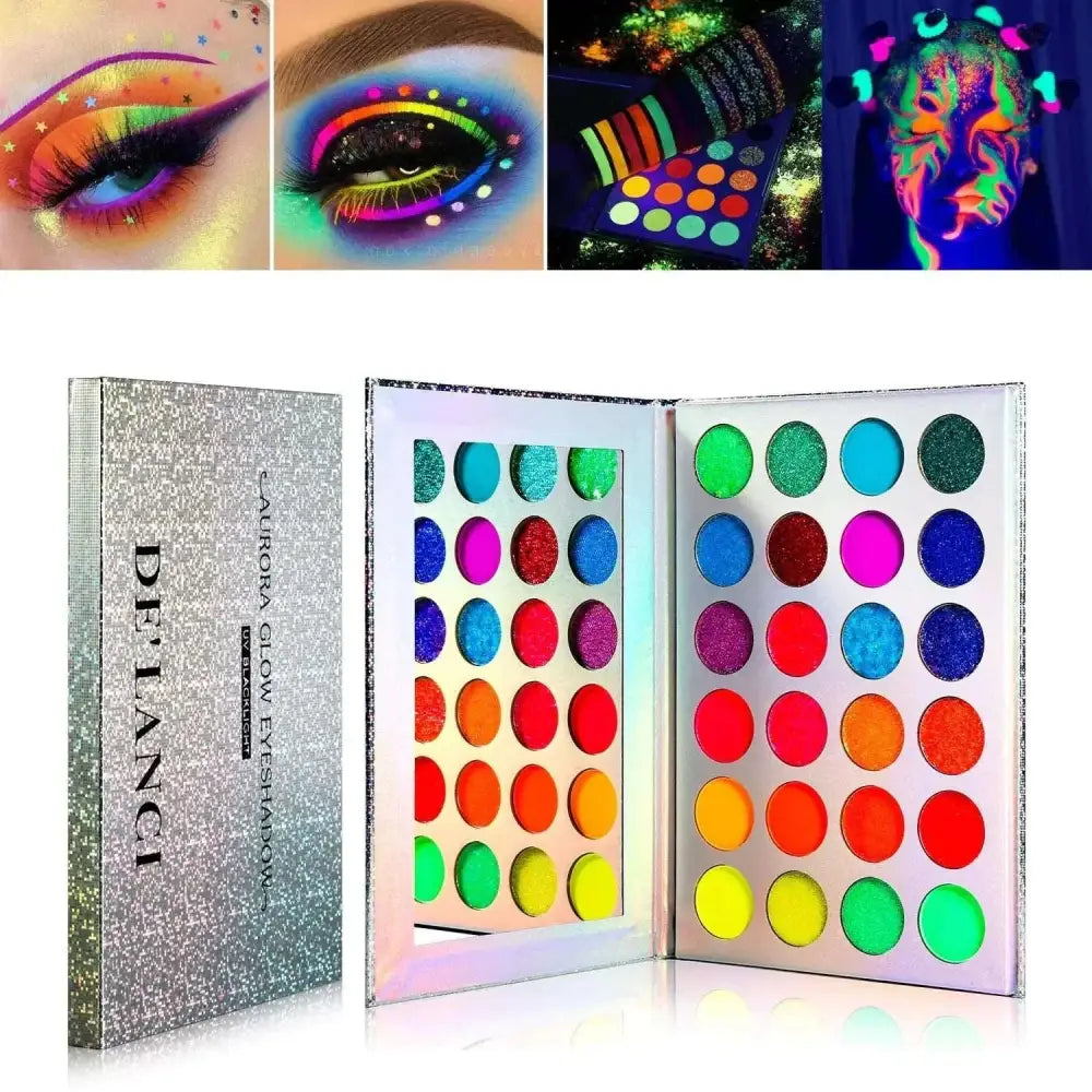 Silver glittery box containing neon aurora glow eyeshadow palette with 36 vibrant shimmer pans