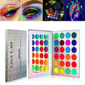 Silver glittery box containing neon aurora glow eyeshadow palette with 36 vibrant shimmer pans