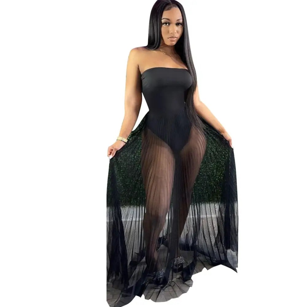 A neon green sexy strapless maxi dress featuring a wrapped chest design and a sheer pleated skirt