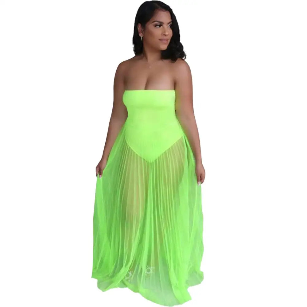 A neon green sexy strapless maxi dress featuring a wrapped chest design and a sheer pleated skirt