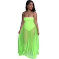A neon green sexy strapless maxi dress featuring a wrapped chest design and a sheer pleated skirt