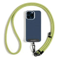 A vibrant lime green dugraft phone lanyard universal crossbody strap with black hardware attached to a transparent case