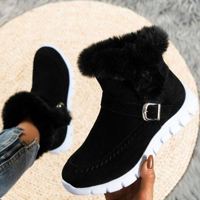 New Snow Boots Winter Warm Thickened Solid Color Plush Ankle Boots With Buckle Design Plus Velvet Flat Shoes For Women - Royalessencelux