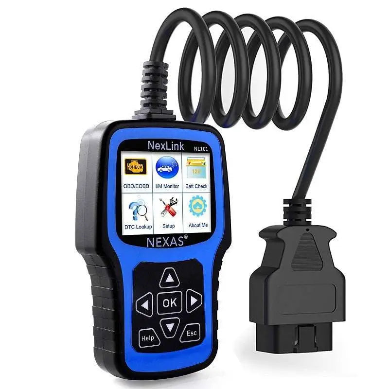 Blue and black Nexas NL101 car diagnostic scanner with coiled cable for standard OBD2 ISO15765-4 vehicles