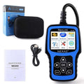 Blue Nexas NL101 car diagnostic scanner with black casing and touchscreen display for ISO15765-4 standard OBD2 vehicles