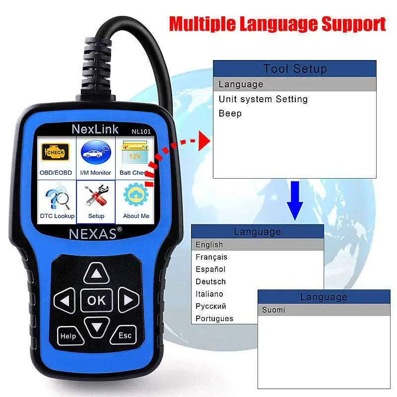 Blue and black Nexas NL101 car diagnostic scanner with touchscreen displaying automotive functions for iso15765-4 standard OBD2 cars