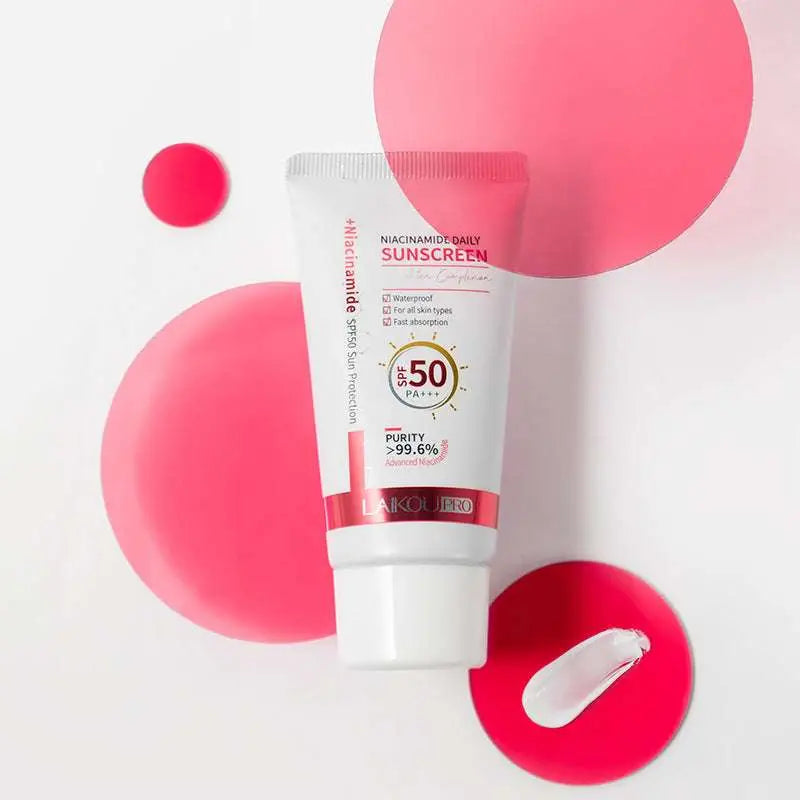 White and pink tube of laikou pro nicotinamide day 50g moisturizing isolation spf 50 sunscreen with pa+++ protection