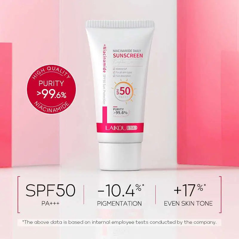 White tube of laikou pro nicotinamide day 50g moisturizing isolation spf 50 sunscreen with pink band and pa+++ label