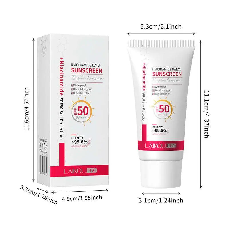 White tube of laikou pro nicotinamide day 50g moisturizing isolation spf 50 sunscreen with spf 50 pa+++ and red band