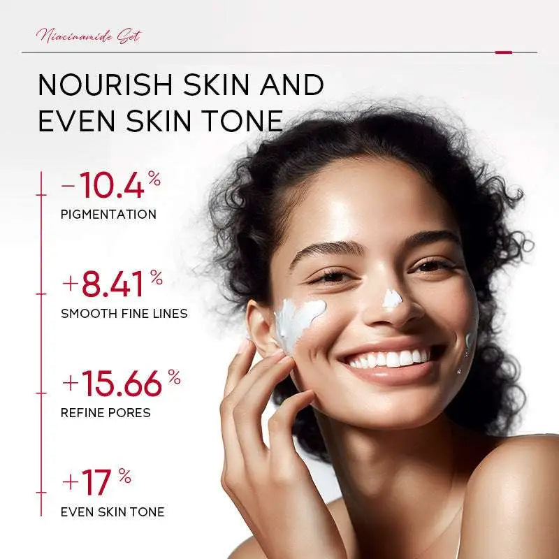 A woman with dark curly hair smiling while applying white creamy nicotinamide day 50g moisturizing isolation spf lotion