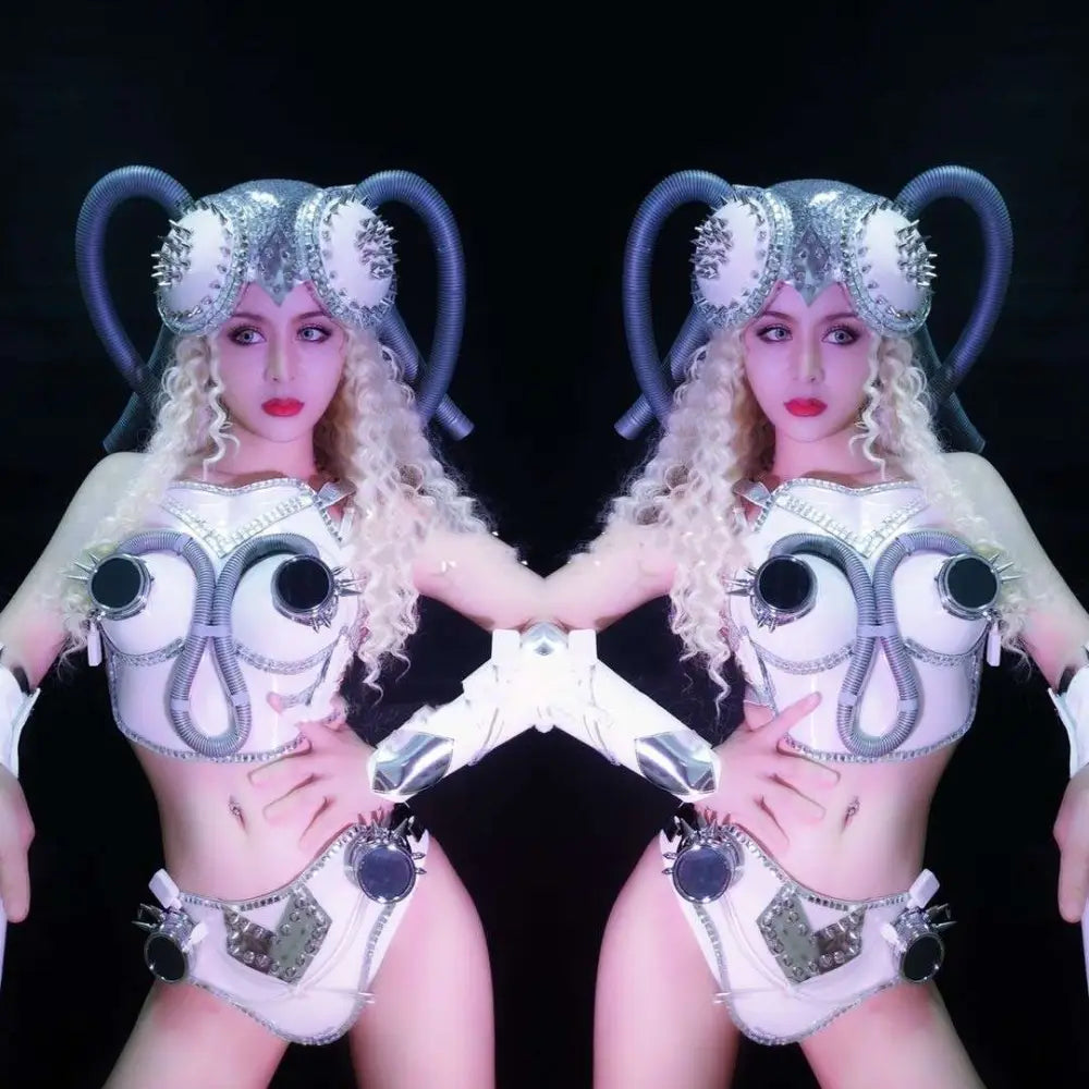 A futuristic white and silver metallic future technology suit with black accents from night elf shop elf shop bar