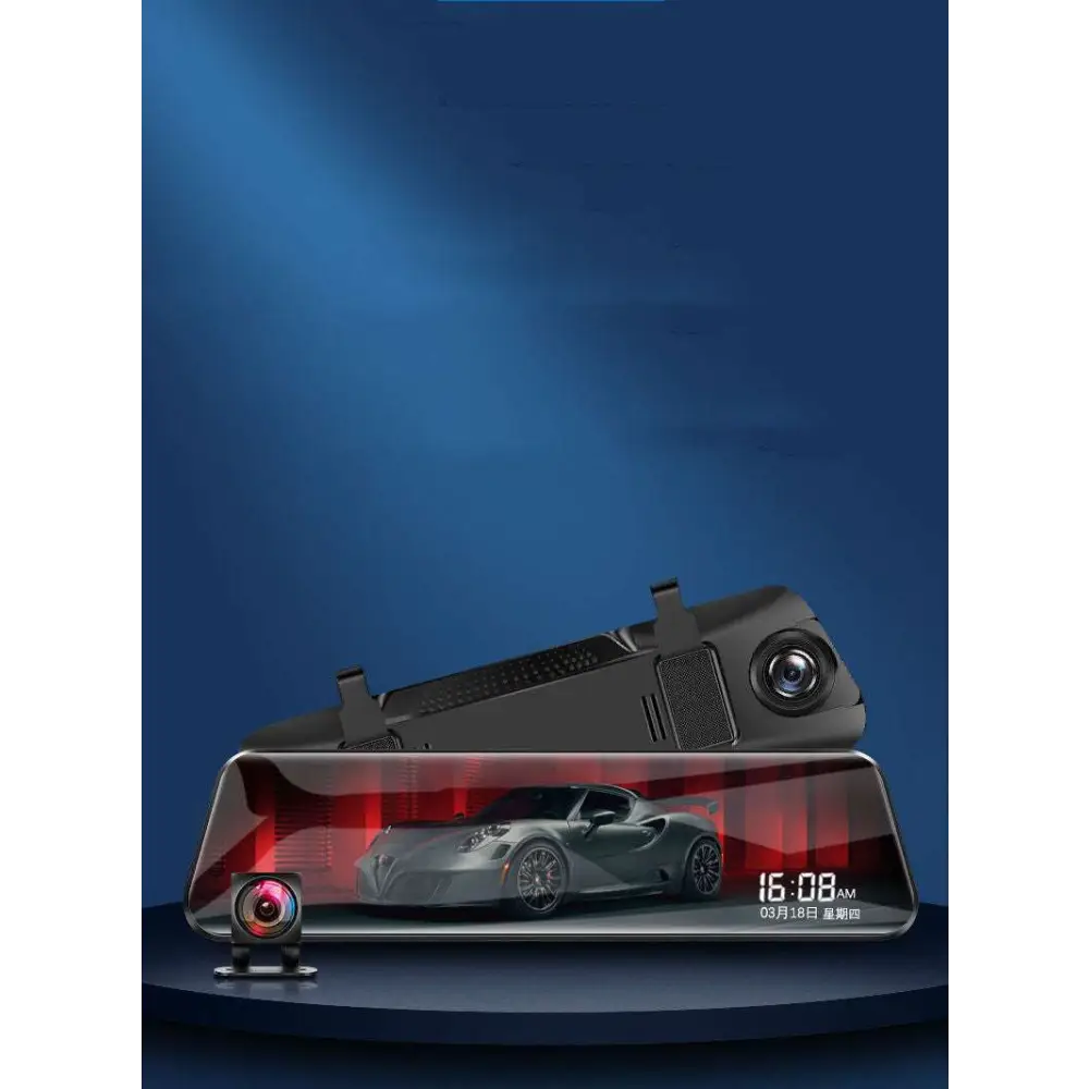 Black-framed night vision dual rearview mirror camera with integrated display showing silver sports car and digital time
