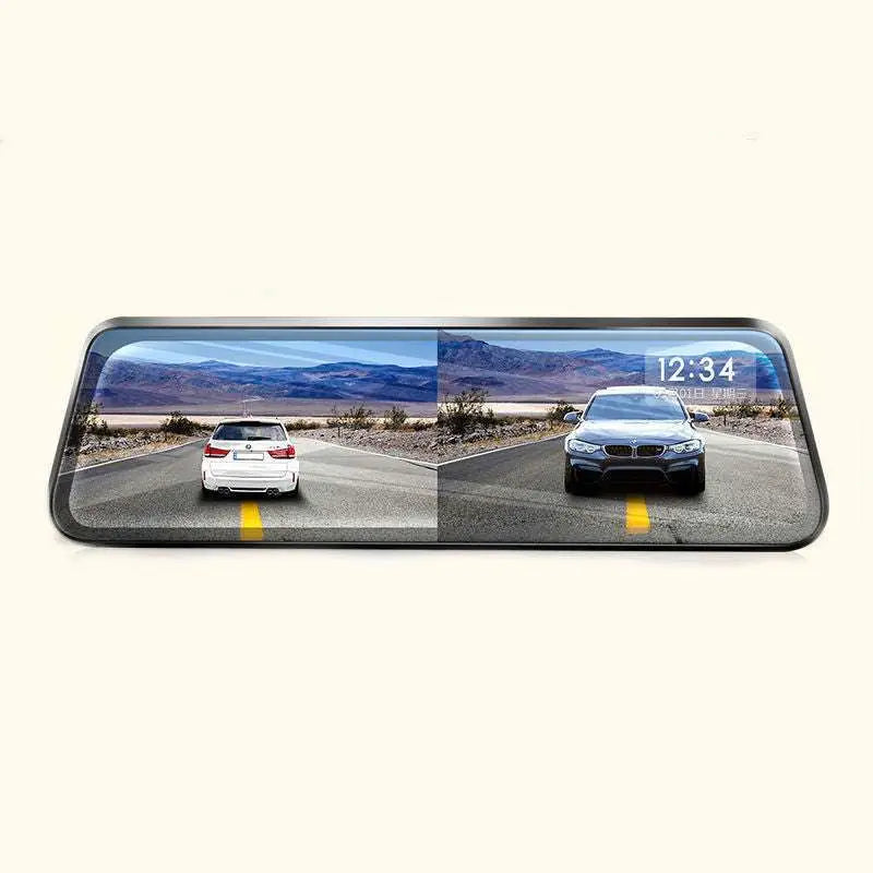 Black-framed night vision dual rearview mirror camera with dual-screen display showing split car views on desert road