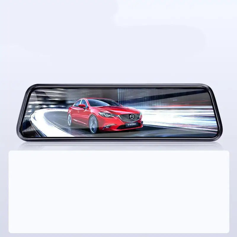 Black-framed night vision dual rearview mirror camera with integrated touchscreen showing red mazda 6 sedan in motion