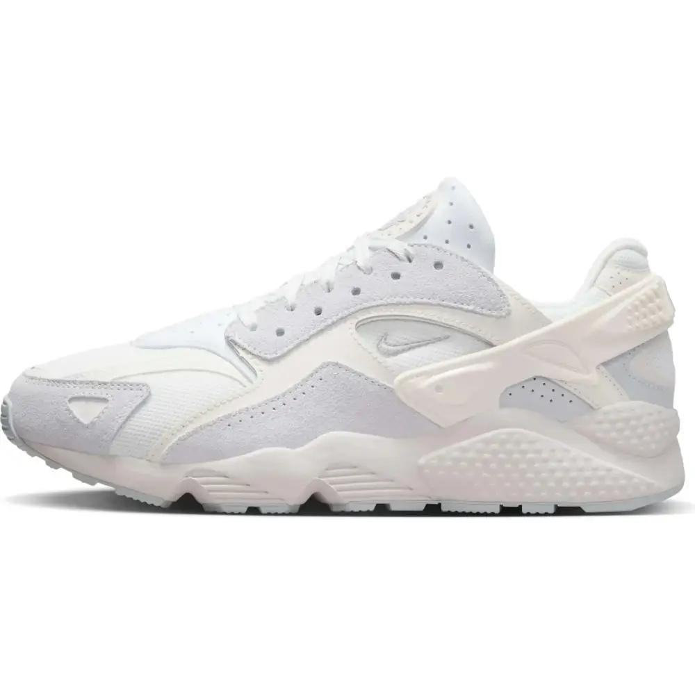 White nike air huarache runner sneaker in size 8 with white mesh and suede featuring gray accents on heel and midsole